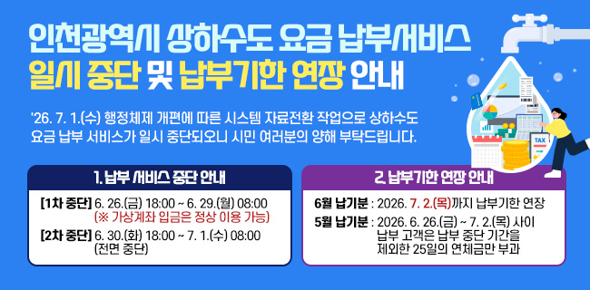 인천광역시 상하수도 요금 납부서비스 일시 중단 및 납부기한 연장 안내'26. 7. 1.(수) 행정체제 개편에 따른 시스템 자료전환 작업으로상하수도 요금 납부 서비스가 일시 중단되오니시민 여러분의 양해 부탁드립니다.1. 납부 서비스 중단 안내■ [1차 중단] 2026. 6. 26.(금) 18:00 ~ 6. 29.(월) 08:00(※ 가상계좌 입금은 정상 이용 가능)■ [2차 중단] 2026. 6. 30.(화) 18:00 ~ 7. 1.(수) 08:00(전면 중단)2. 납부기한 연장 안내■ 6월 납기분 : 2026. 7. 2.(목)까지 납부기한 연장■ 5월 납기분 : 2026. 6. 26.(금) ~ 7. 2.(목) 사이 납부 고객은 납부 중단 기간을 제외한 25일의 연체금만 부과