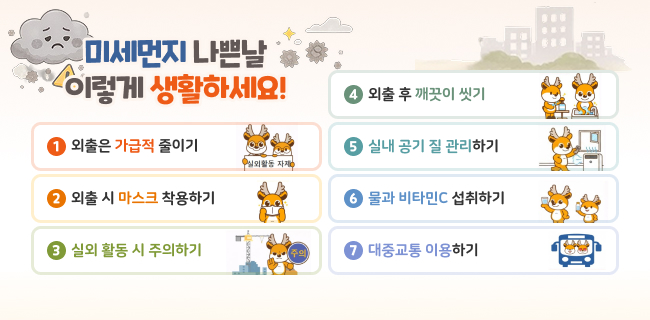 미세먼지 나쁜날 이렇게 생활하세요!1 외출은 가급적 줄이기(실외활동 자제)2 외출 시 마스크 착용하기3 실외 활동 시 주의하기(주의)4 외출 후 깨끗이 씻기5 실내 공기 질 관리하기6 물과 비타민C 섭취하기7 대중교통 이용하기