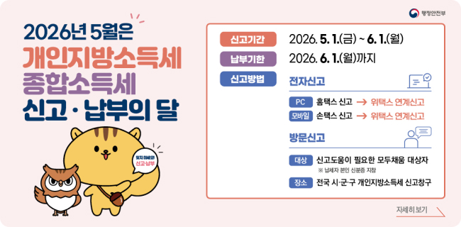 2026년 5월은개인지방소득세 종합소득세 신고·납부의 달잊지 마세요! 신고·납부신고기간2026.5.1.(금)~6.1.(월)납부기한2026. 6. 1.(월)까지신고방법전자신고=행정안전부PC 홈택스 신고위택스 연계신고모바일손택스 신고위택스 연계신고방문신고대상신고도움이 필요한 모두채움 대상자장소※ 납세자 본인 신분증 지참전국 시·군·구 개인지방소득세 신고창구자세히 보기