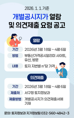 2026. 1. 1.기준개별공시지가 열람 및 의견제출 요령 공고◦ 열 람ㆍ 기 간: 2026년 3월 18일 ~ 4월 6일ㆍ 방 법: 부동산가격공시알리미 사이트, 유선, 방문ㆍ 열람내용: 토지 지번별 ㎡당 가격◦ 의견제출ㆍ 기 간: 2026년 3월 18일 ~ 4월 6일ㆍ 제출처: 서구청 토지정보과ㆍ 제출방법: 개별공시지가 의견제출서에 기재문의: 토지정보과 지가정보팀 032-560-4842~3